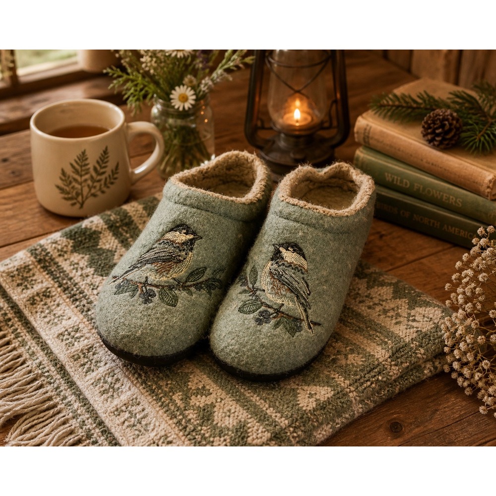 LL Bean Daybreak Scuffs Chickadee Embroidered Wool Slippers Blue 305194 Womens 9